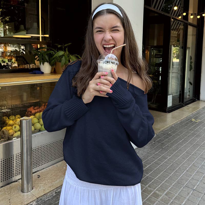 Solid Color Diagonal Shoulder Pullover Sweater