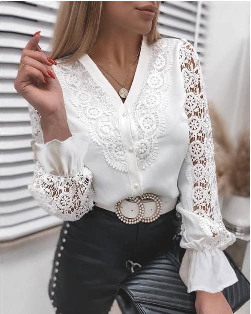 Solid Color Lace V-Neck Cardigan Shirt For Women