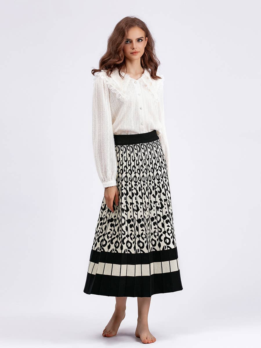 Vintage Leopard Print Contrast Knit Skirt