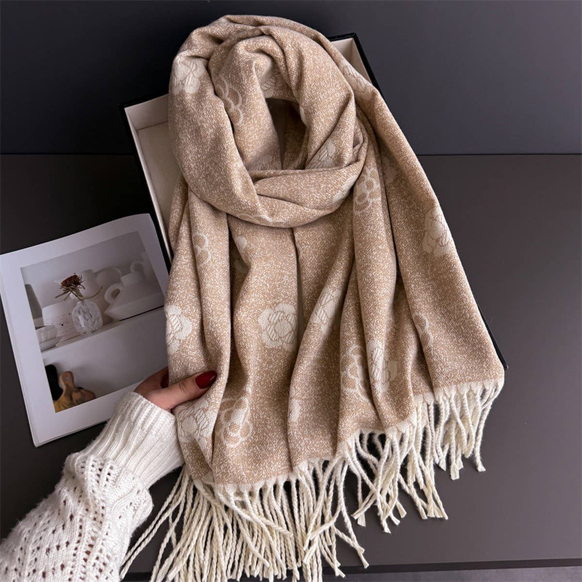 Elegant Camellia Cashmere Feel Tassel Scarf Wrap_Cwasc03244