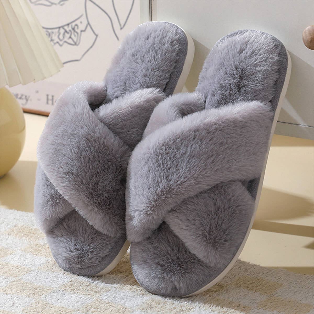 CROSS STYLE FAUX RABBIT FUR SLIPPERS FOR WOMEN_CWSHS0283