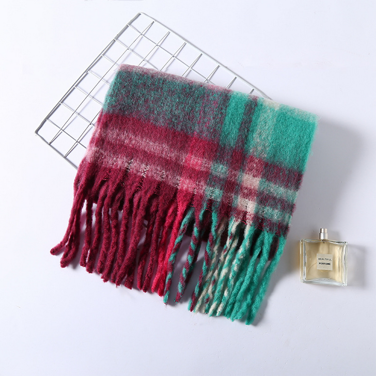FAUX CASHMERE PLAID SCARF THICK FRINGED WRAP_CWASC2698