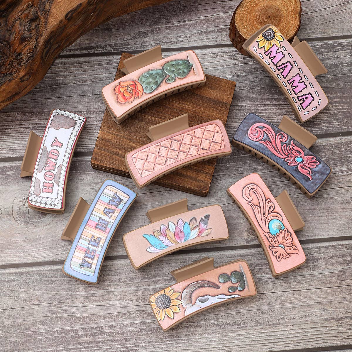 Western Cactus Sunflower Hair Claw Leather Clip_Cwasc1610