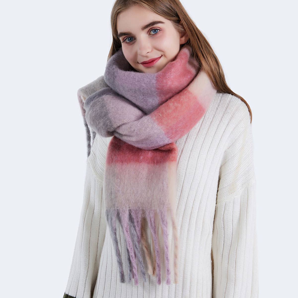 OLORFUL MOHAIR CHECKERED SCARF THICK WRAP_CWASC0167