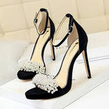 Women Suede Pearl Rhinestone High Heels