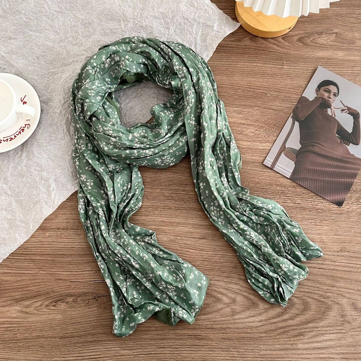 Wrinkled Floral Cotton Linen Scarf Wrap_Cwasc02975