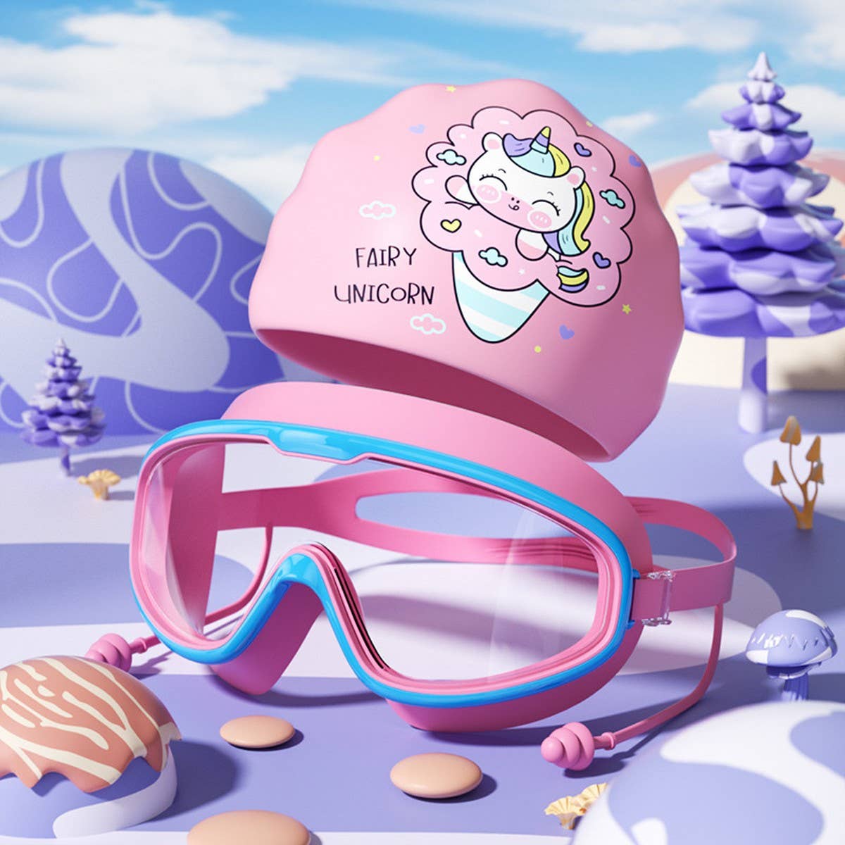 KIDS SWIM GOGGLES CAP SET HD LARGE FRAME_CWMM6645