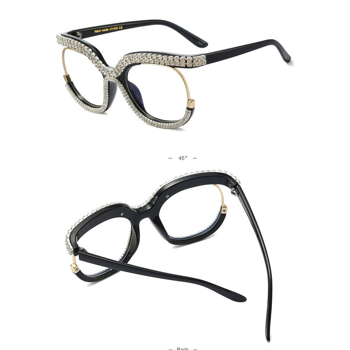 HALF FRAME RHINESTONE PLAIN MIRROR DIAMOND GLASSES_CWASG0875