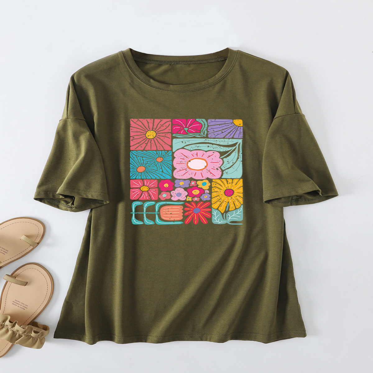 Womens Loose Fit Tee With Colorful Flowers_Cwtts1466