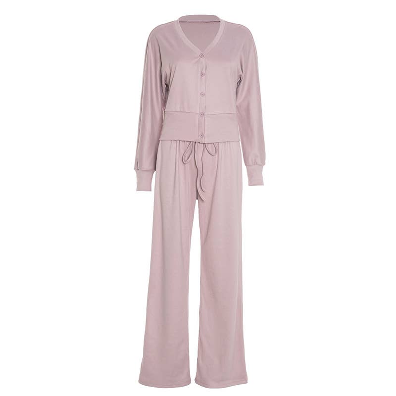 V-Neck Fitted Cardigan Lace-Up Wide-Leg Pant Set