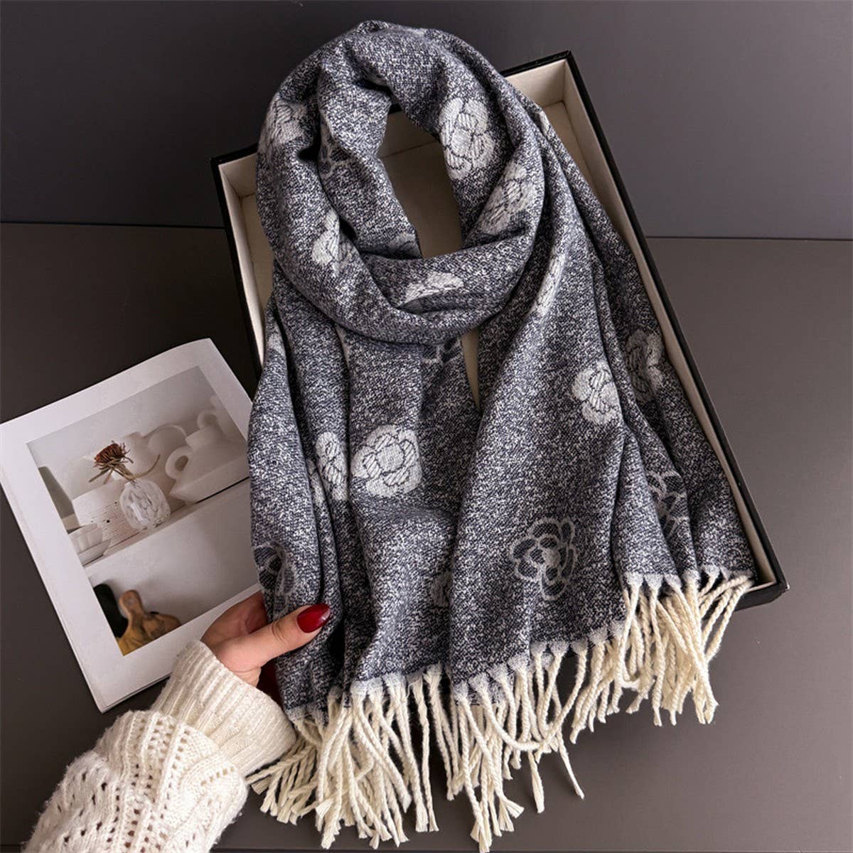 Elegant Camellia Cashmere Feel Tassel Scarf Wrap_Cwasc03244