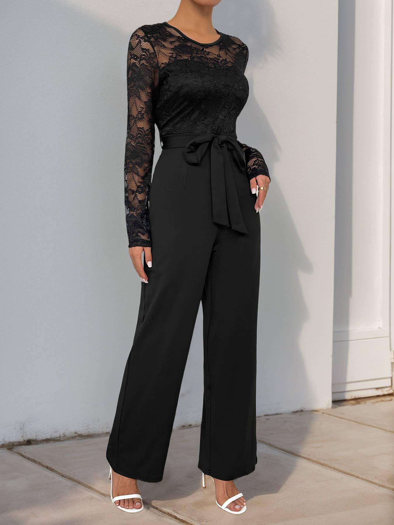 Solid Color Jumpsuit Lace Patchwork Zipper