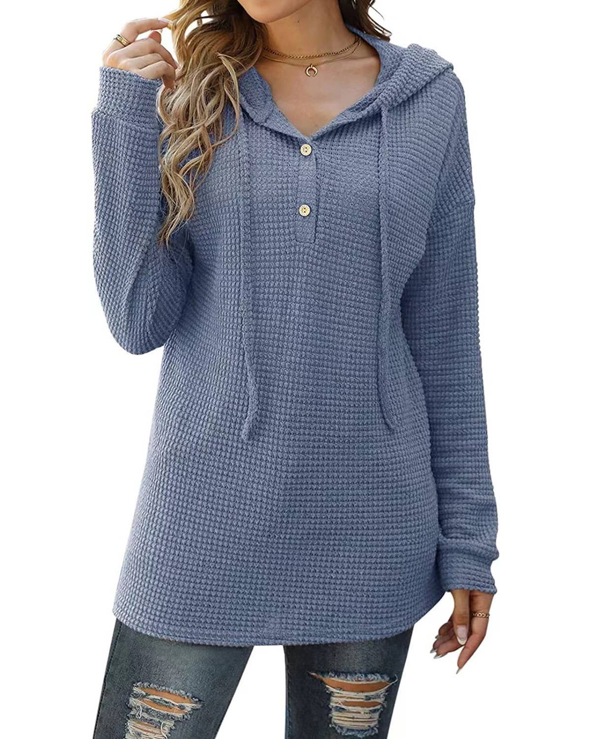 Waffle Solid Color Baggy Hooded Button Knit