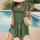 Solid Color V Neck Ruffled Dress_Cwdsd2682