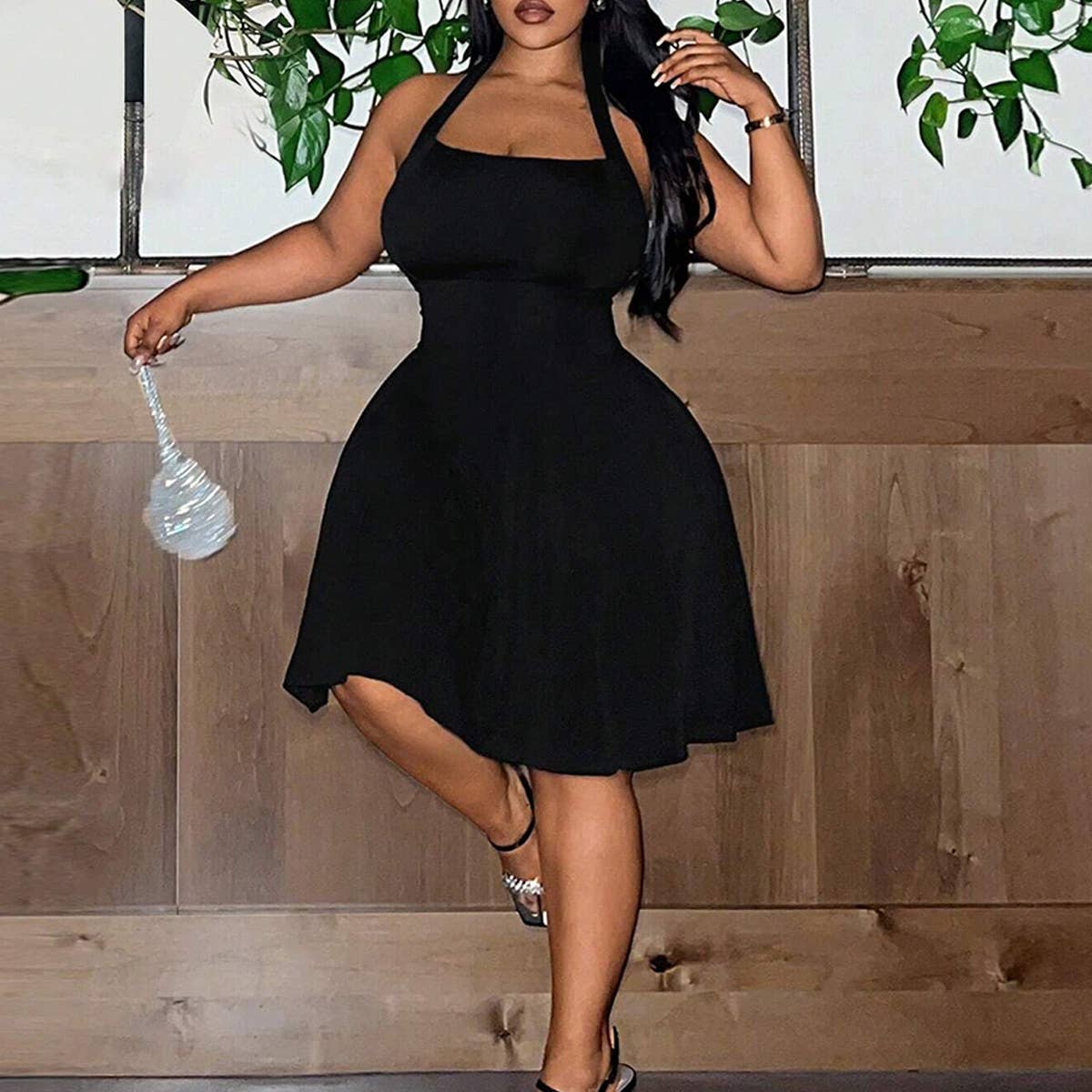 SQUARE NECK HALTER CINCHED WAIST A LINE DRESS_CWDMD6063