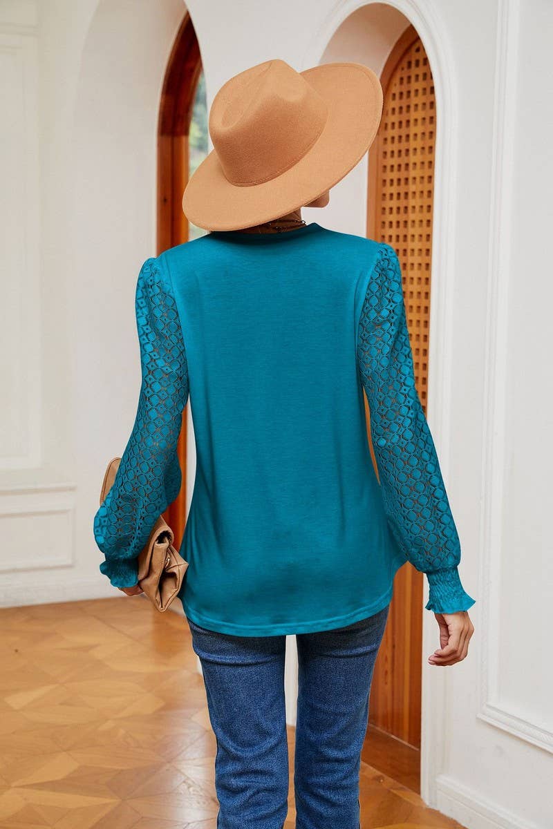 Cwtbll2401_V-Neck Lace Stitching Long-Sleeved Casual Top