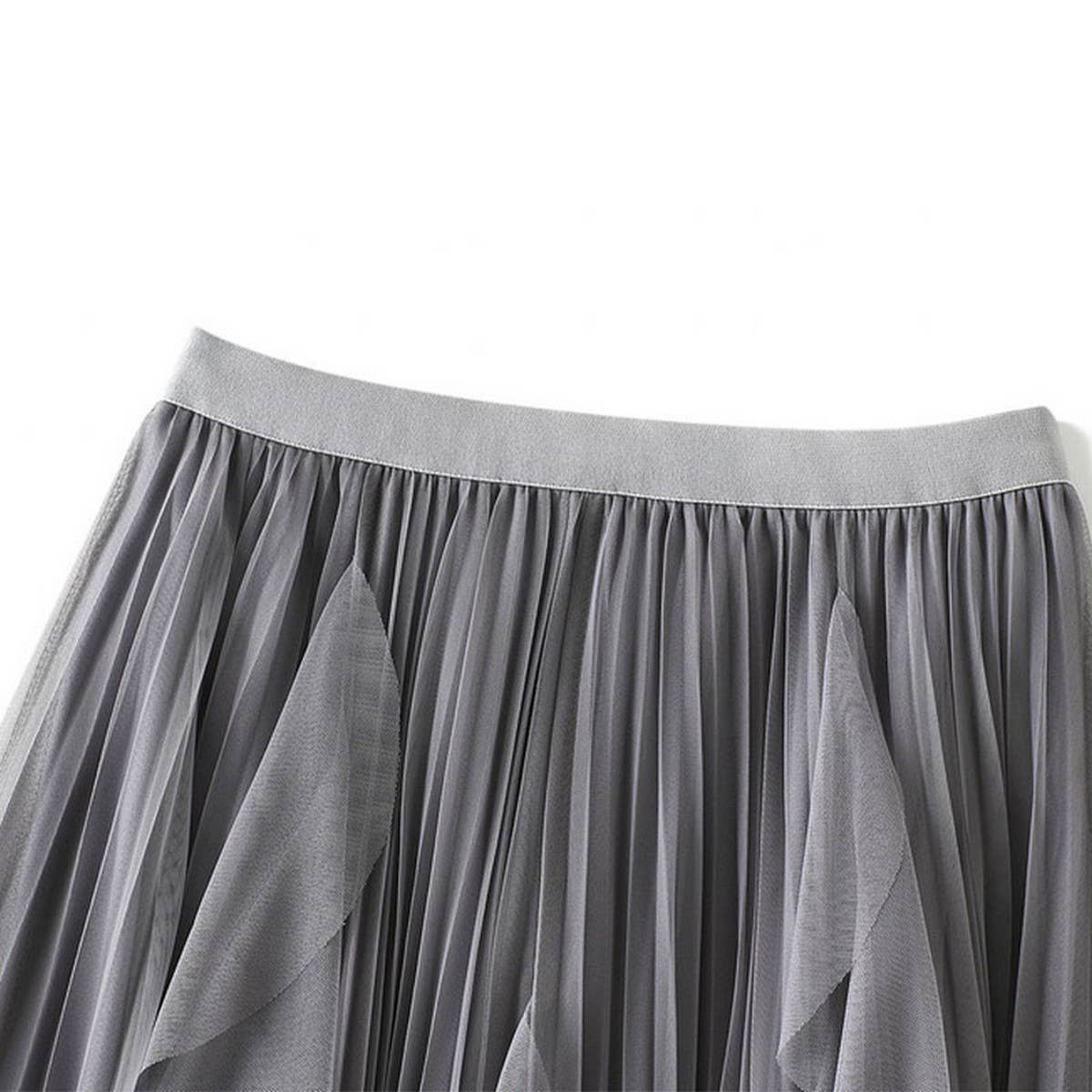 RUFFLED MESH PANEL HIGH WAIST PLEATED MIDI SKIRT_CWBMS0381