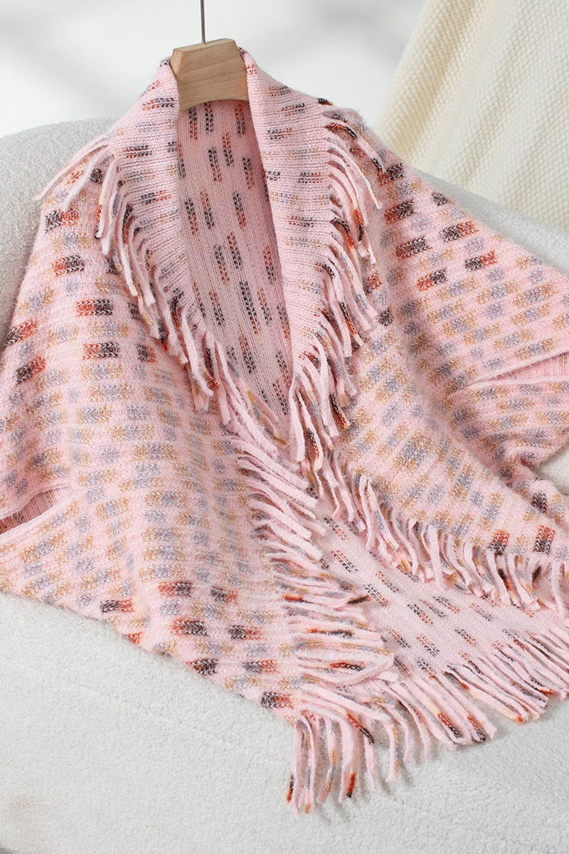 Cwocas0049_Colorful Plaid Knitted Fringed Cape Shawl