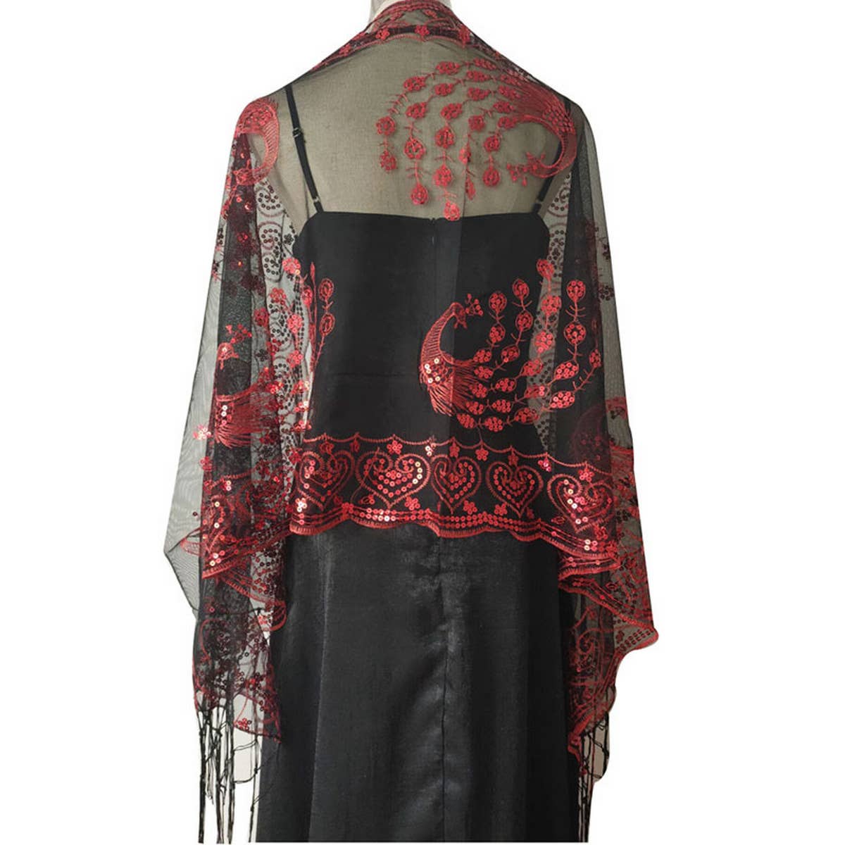 PEACOCK EMBROIDERED SEQUINED TASSEL CAPE_CWASC1077