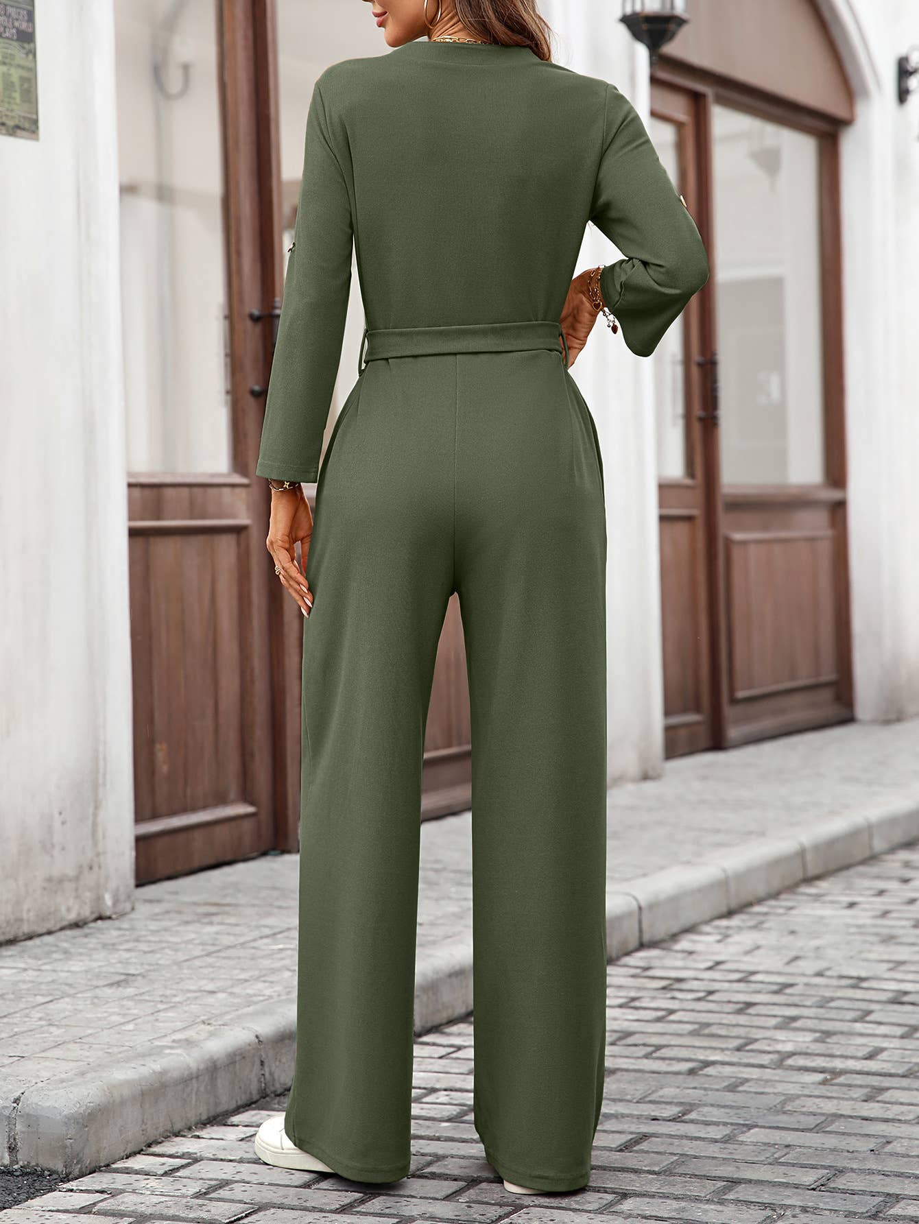 Solid-Color High-Waisted Long-Sleeved Jumpsuit