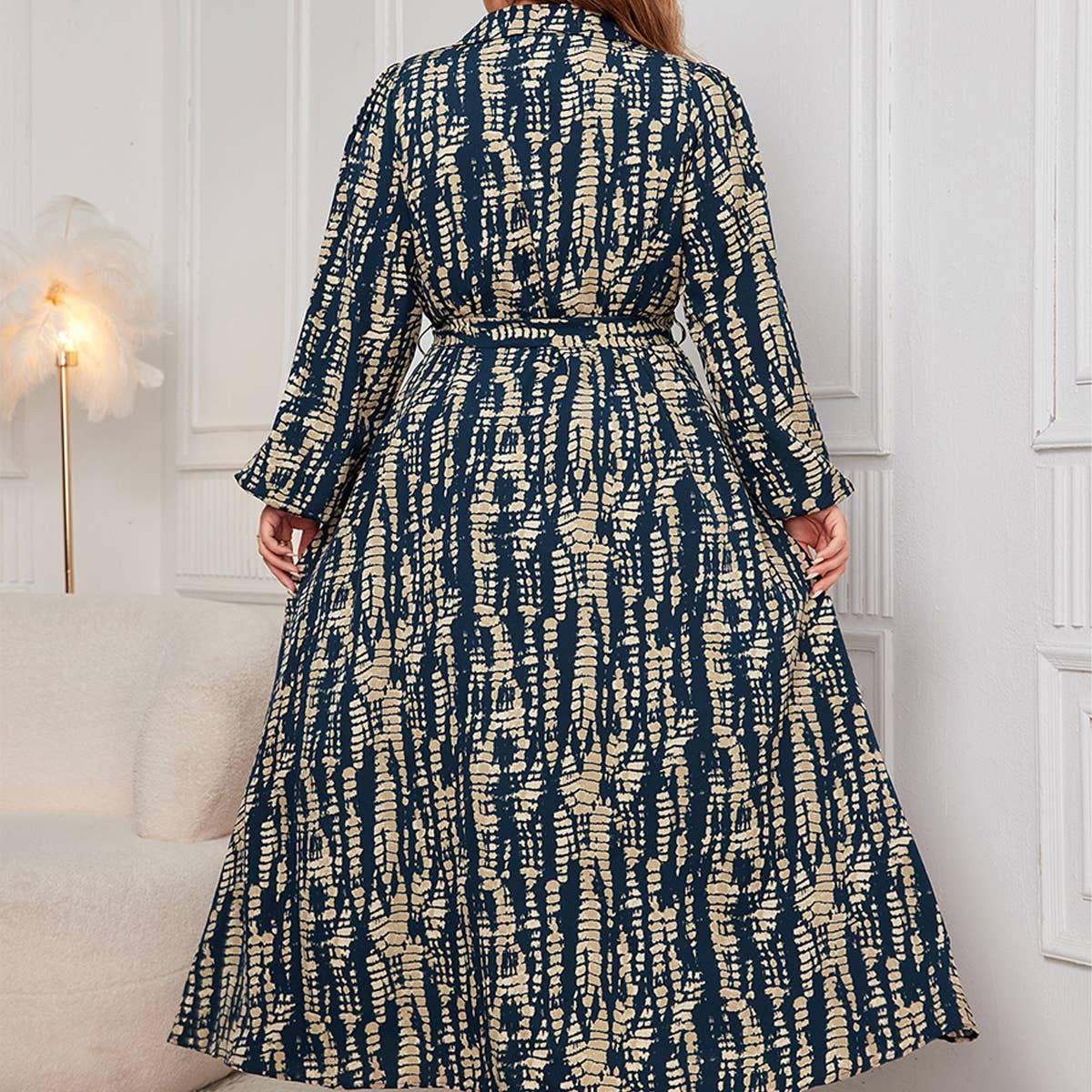 PLUS SIZE PRINTED DRESS POLO COLLAR LONG SLEEVE_CWDMD5969