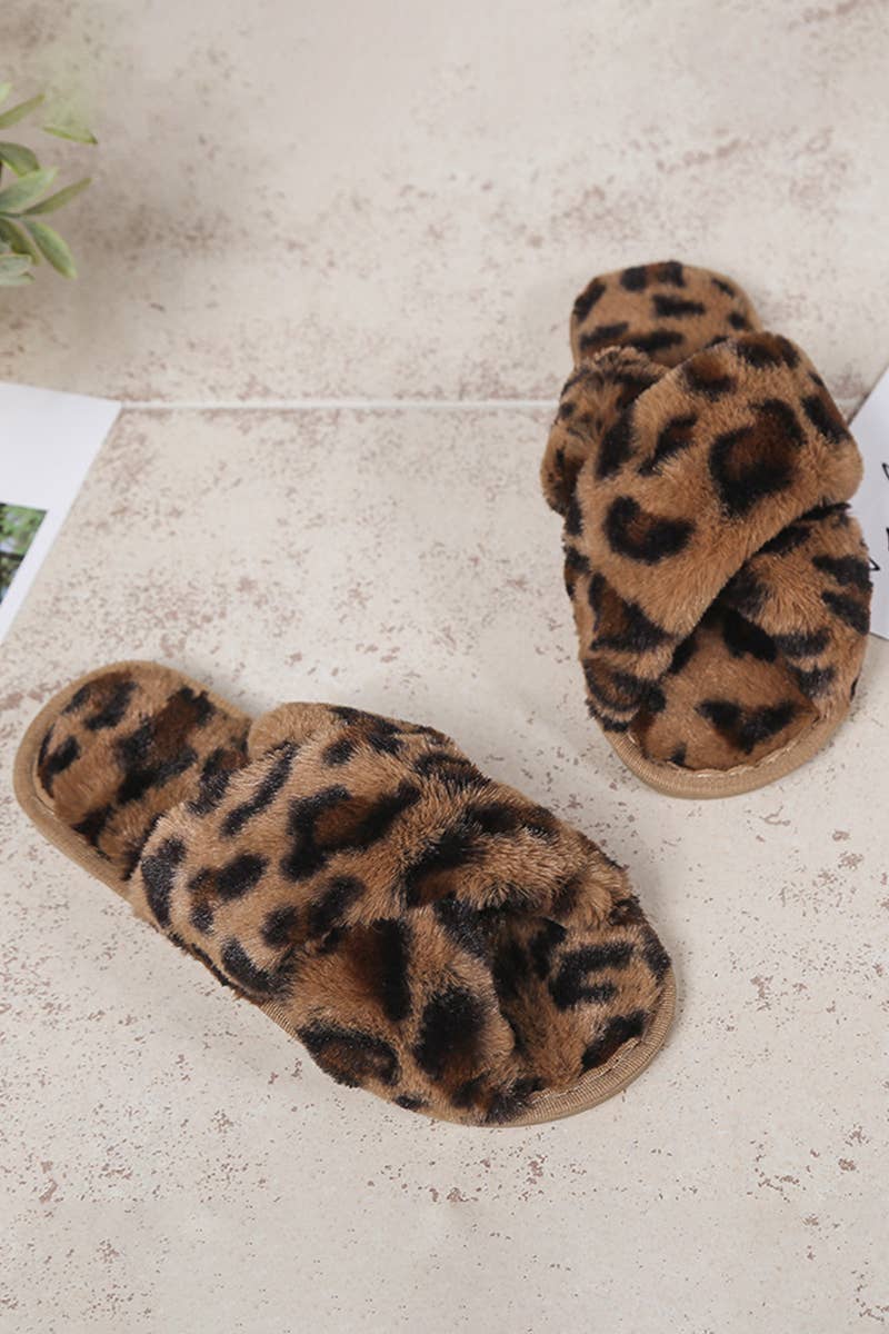 LEOPARD PATTERN CROSS FLUFFY HOME BEDROOM SLIPPERS_CWSHS0227