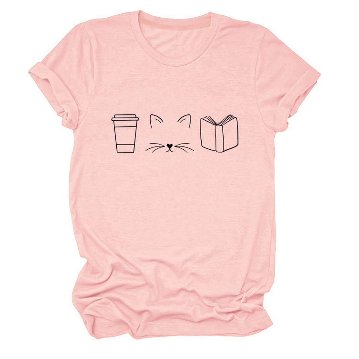 CUTE CAT LINE ART TEE COFFEE CUP PRINT SHIRT_CWTTSL0508