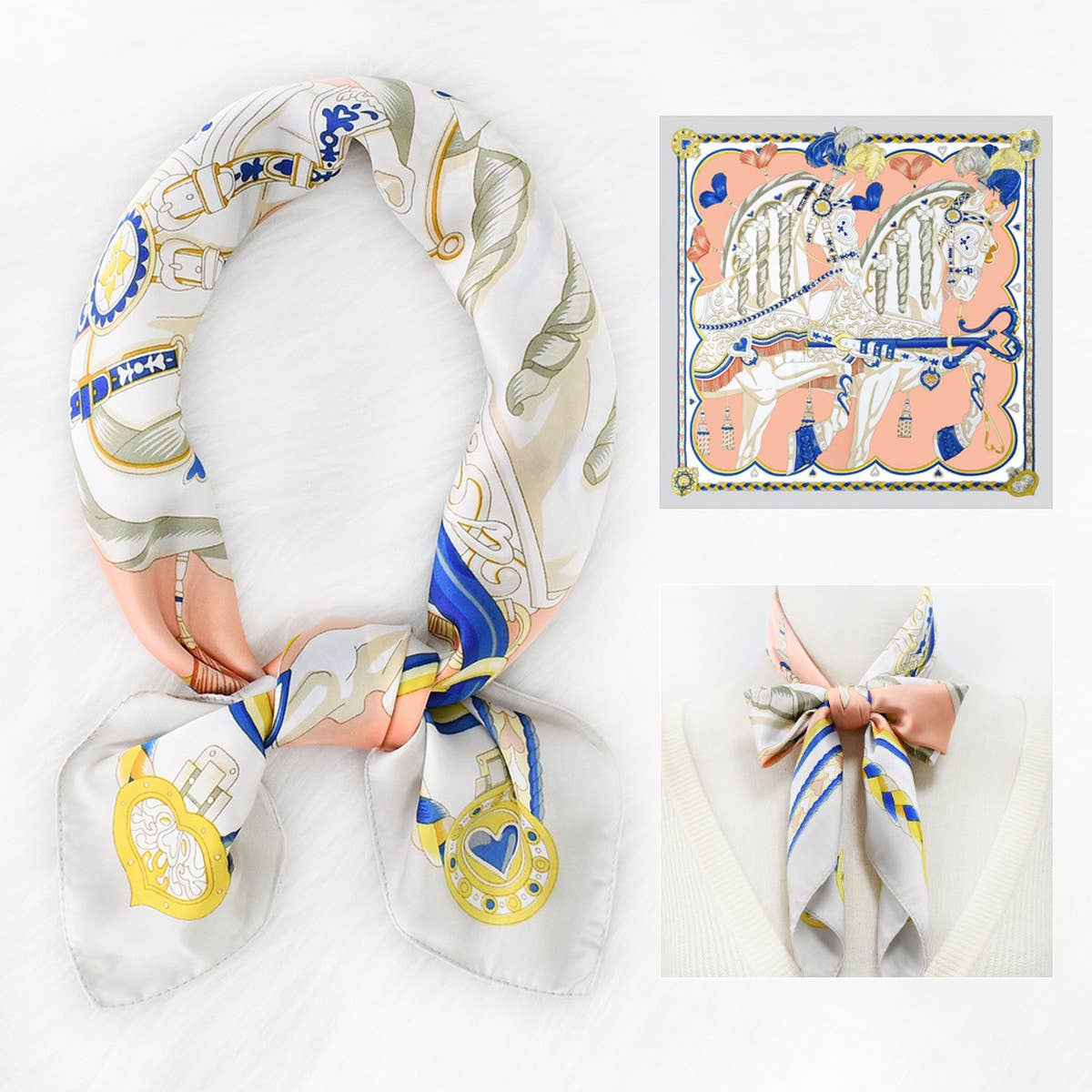 70CM VINTAGE HORSE PRINT SATIN SQUARE SCARF_CWASC1151