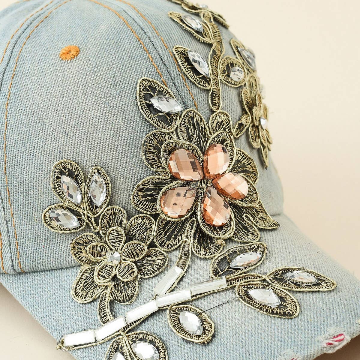 DIAMOND EMBELLISHED DISTRESSED DENIM BASEBALL CAP CWAH1390