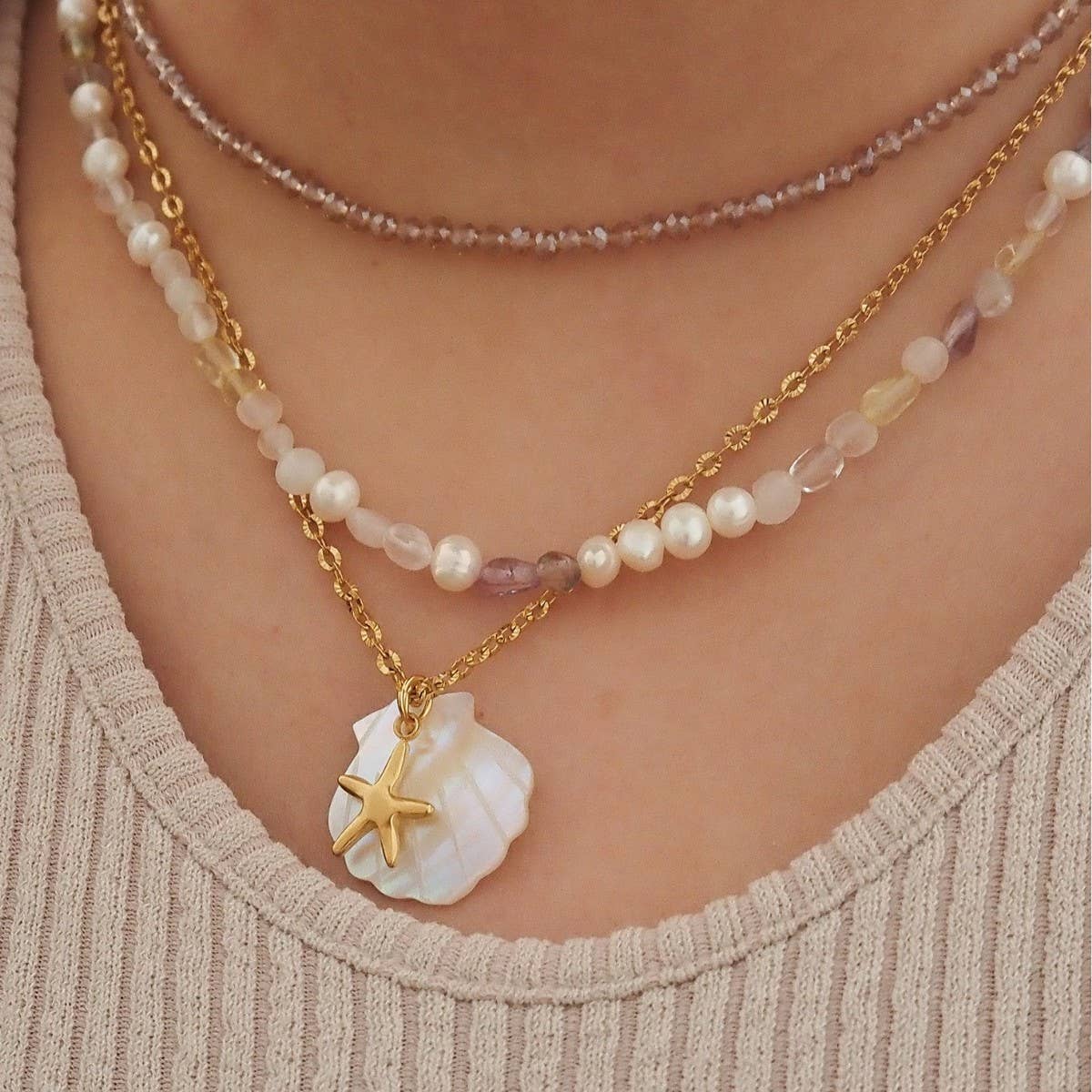 SUMMER STARFISH SHELL STAINLESS STEEL NECKLACE_CWMM3745