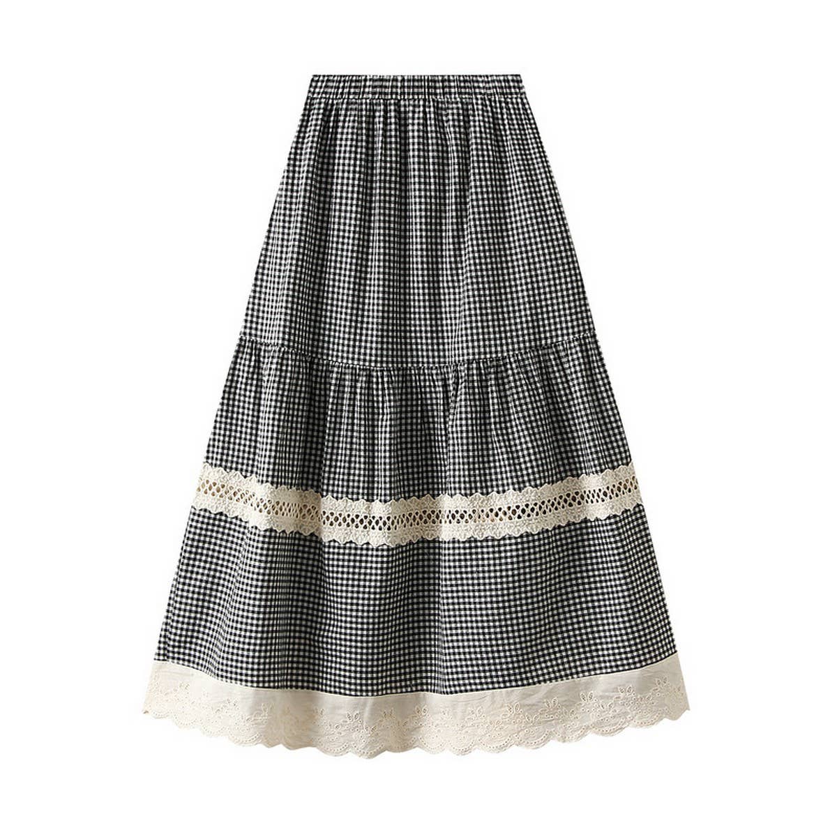 HOLLOW HOOK STITCHING PLAID SKIRT CAKE LONG SKIRT_CWBMS0315