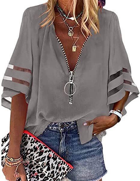 V-Neck Zipper Half Horn Sleeve Mesh Loose Shirt
