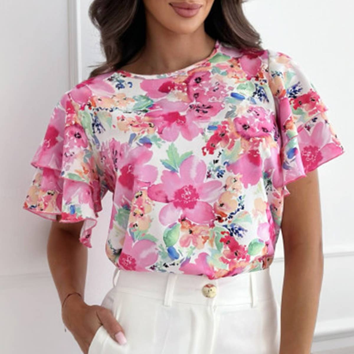 Printed Lotus Sleeve Round Neck Short Sleeve Top