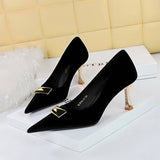RETRO METAL BUCKLE SHALLOW POINTED TOE HIGH HEELS_CWSHH0097