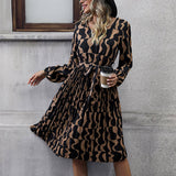V-Neck Long Sleeve Geometric Print Dress