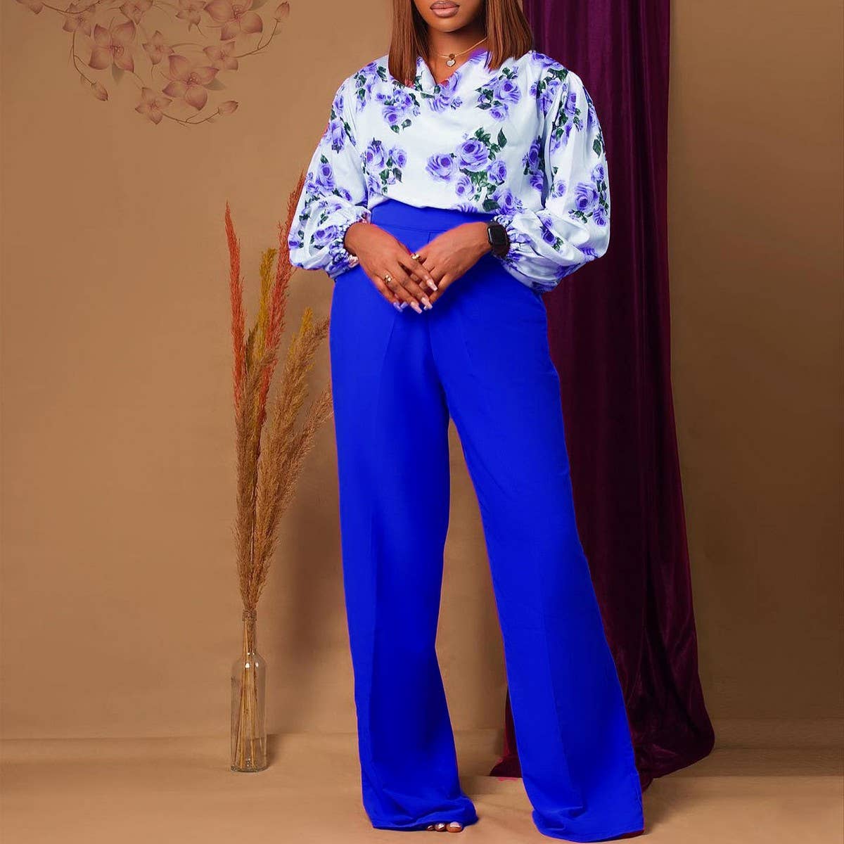 PRINTED TIE TOP AND WIDE LEG PANTS TWO PIECE SET_CWSTB1140