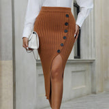 Solid Color Commuter Dress With Split Buttons