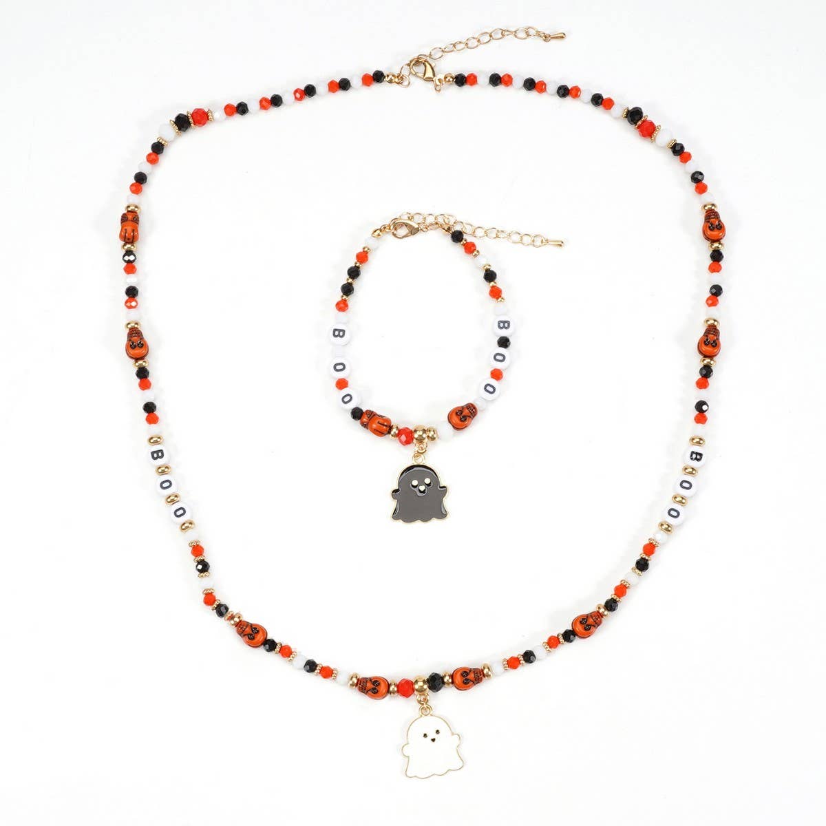 Cwaje05680_Halloween Ghost Pumpkin Beaded Pendant Necklace