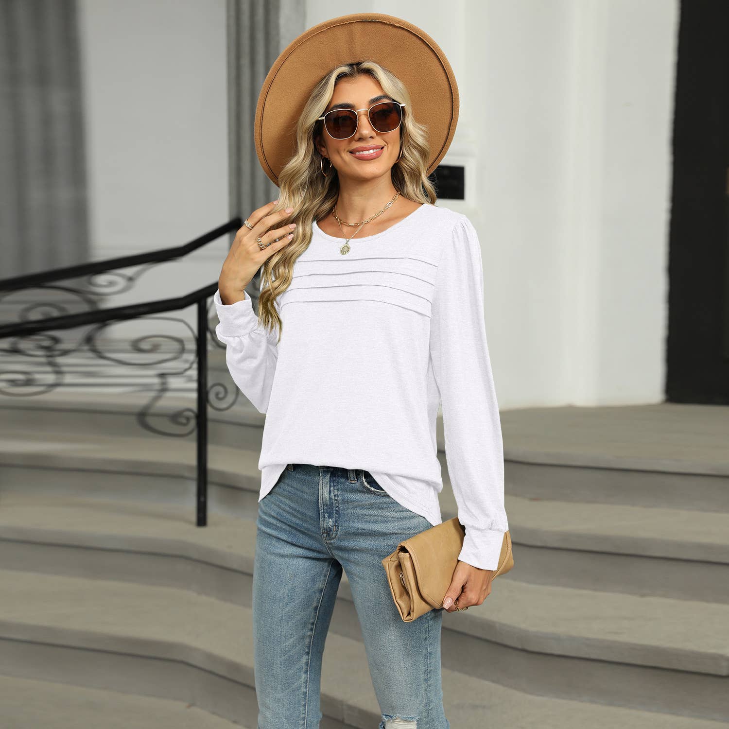 Solid Color U-Neck Pleated Long Sleeve Top