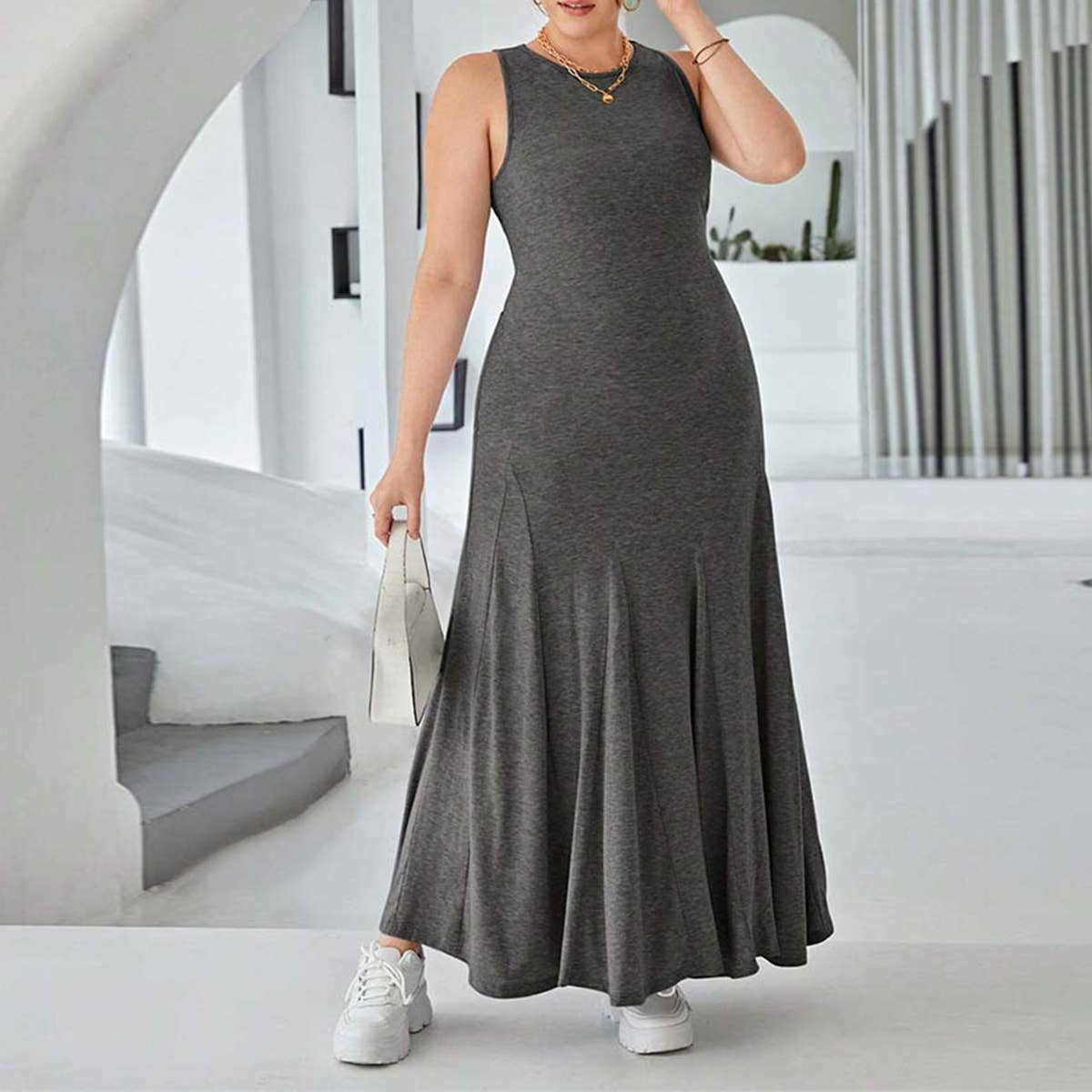 CHIC SLEEVELESS ROUND NECK HIGH WAIST DRESS_CWDMD6049