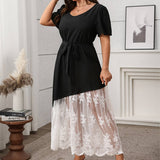 FRENCH LACE PANEL TIE WAIST LOOSE DRESS_CWDSD8484