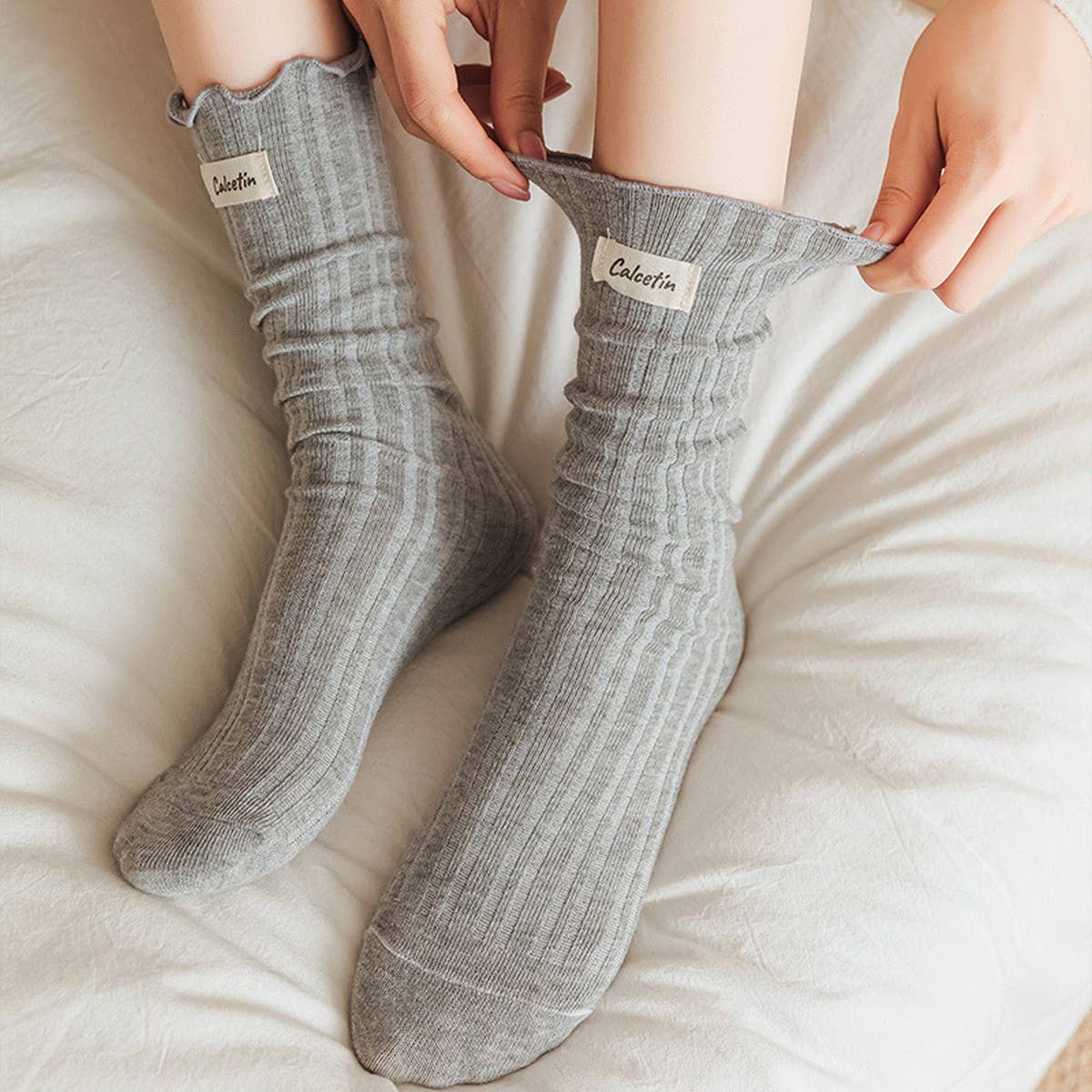 Women  Flower  Ear Edge Long Crew Socks_Cwms0420