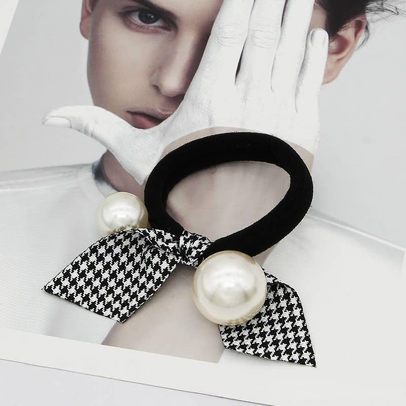 Pearl Lace Houndstooth Bow Hair Tie_Cwaha08049