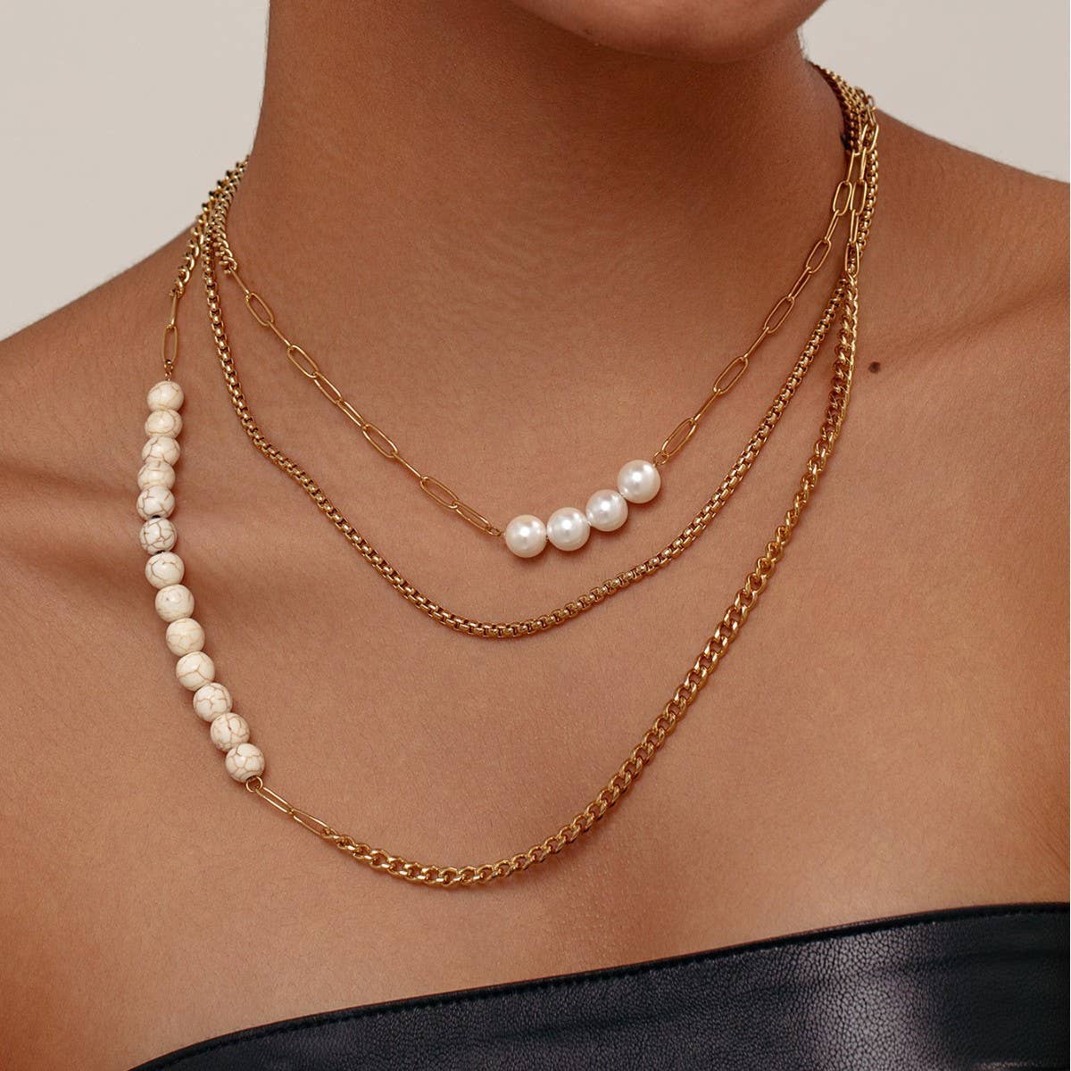 Vintage Imitation Pearl Cuban Chain Necklace_Cwmm3640