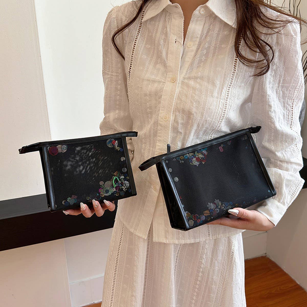 NEW MESH BLACK PORTABLE SIMPLE COSMETIC BAG_CWAB4431