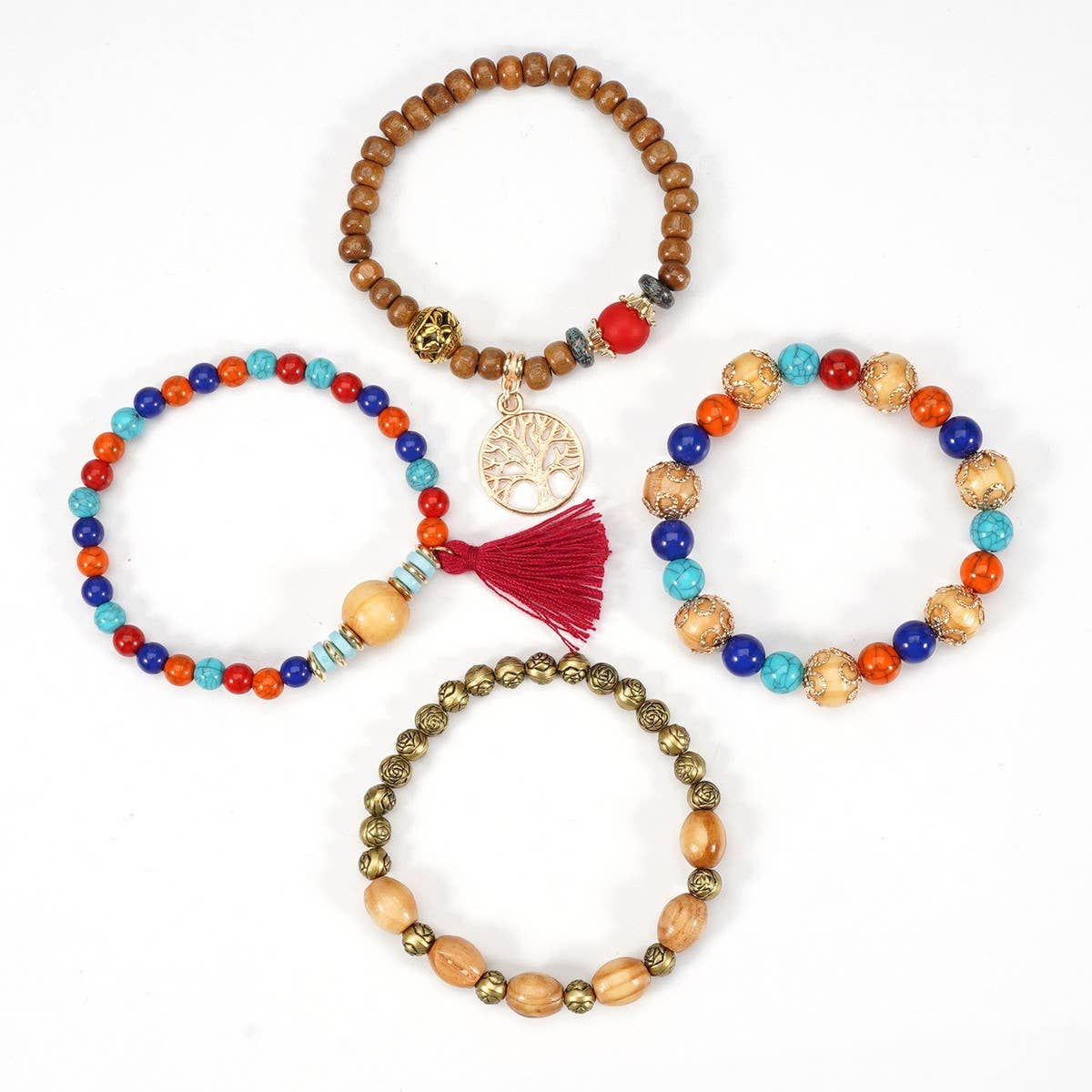 Cwmm10462_Wood Bead Rose Alloy Handmade Bracelet Set