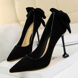 Women Suede Shallow Pointed Toe Bow High Heels