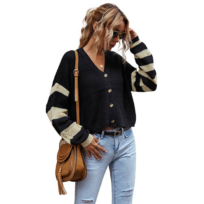 V-Neck Color Matching Knit Striped Cardigan