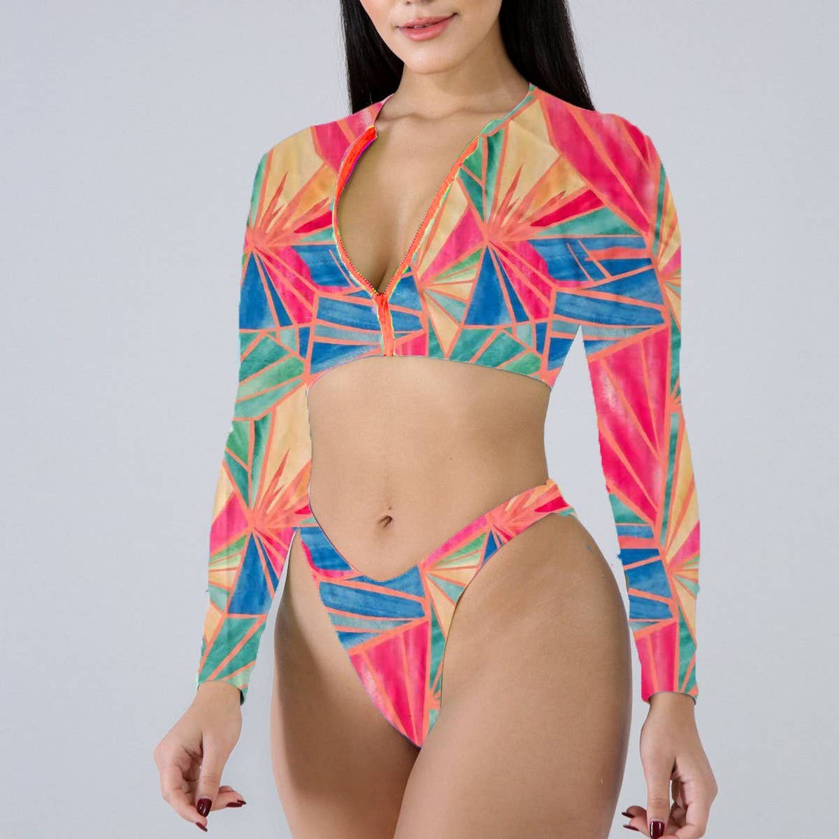 Womens Tie-Dye Bikini Set Long Sleeve Swimsuit_Cwmw0197