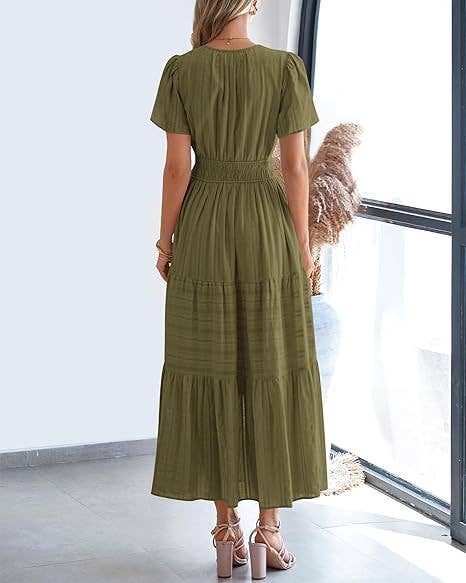 V-Neck Pleated Puffy Sleeve Short Sleeved Dress